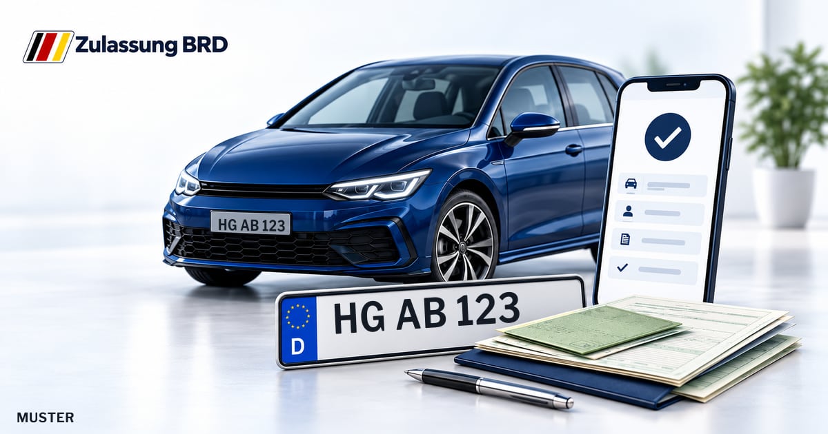 Online Fahrzeugzulassung in Glashütten: Musterkennzeichen HG AB 123, Auto und Fahrzeugpapiere und Smartphone. Illustration mit Logo von Zulassung BRD.